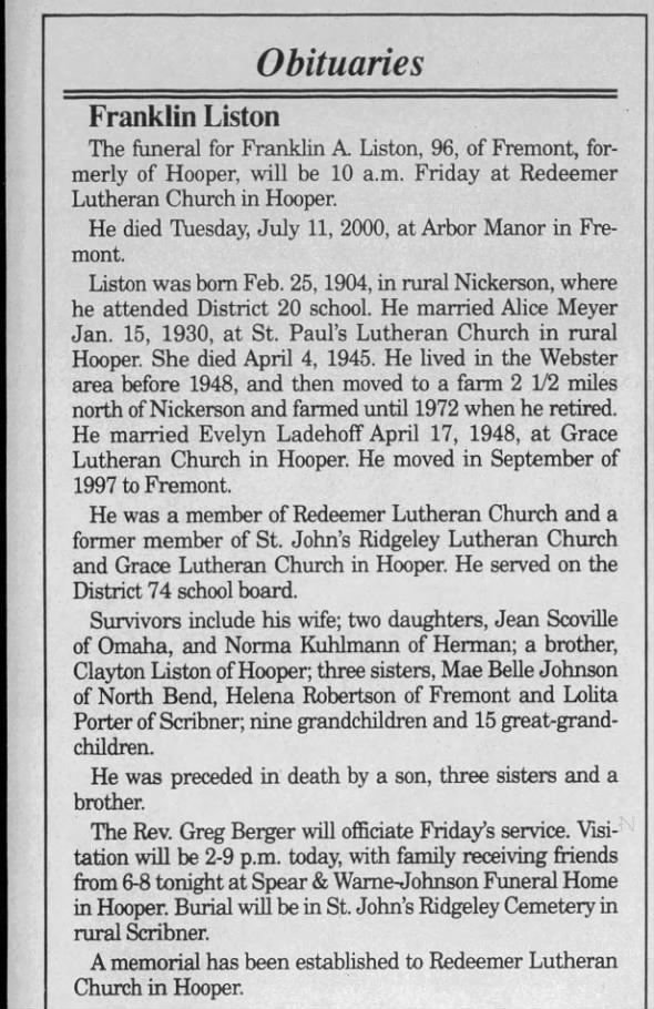 Obituary for Franklin A. Liston, 1904-2000 (Aged 96)